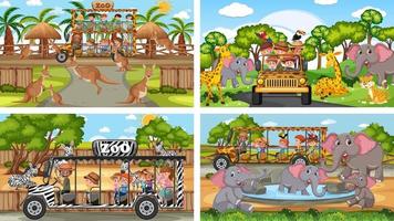 Cuatro escenas de zoológico diferentes con niños y animales. vector