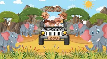 Safari at day time scene with many kids watching elephant group vector