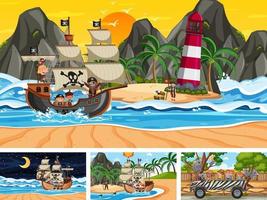 Conjunto de diferentes escenas con barco pirata en el mar y animales en el zoológico. vector