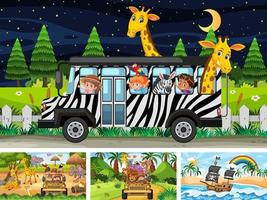 Set of different scenes with pirate ship at the sea and animals in the zoo vector