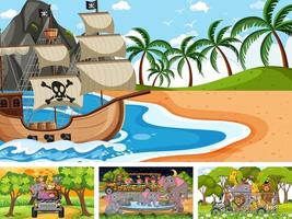 Conjunto de diferentes escenas con barco pirata en el mar y animales en el zoológico. vector