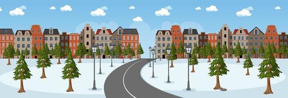 Horizontal scene at day time with long road through snow park into the town vector