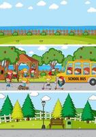 Set of different horizontal scenes background with doodle kids cartoon character vector