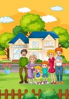 Happy family standing outside home vector