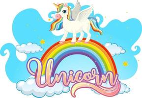 personaje de dibujos animados de unicornio de pie sobre un arco iris con fuente de unicornio vector