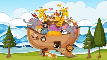 Animals on Noah ark floating in the ocean scene vector