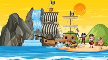 Treasure Island scene at sunset time with Pirate kids vector