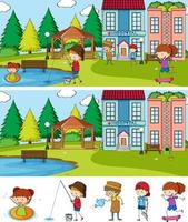 Conjunto de fondo de diferentes escenas horizontales con personaje de dibujos animados de niños doodle vector