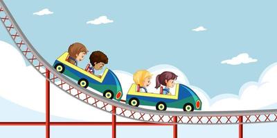 Children ride roller coaster with sky background vector