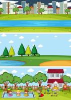 Set of different horizontal scenes background with doodle kids cartoon character vector