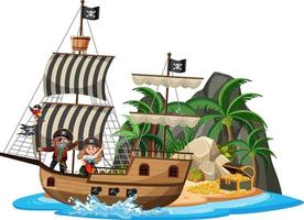 Pirate ship on island with many kids isolated on white background vector