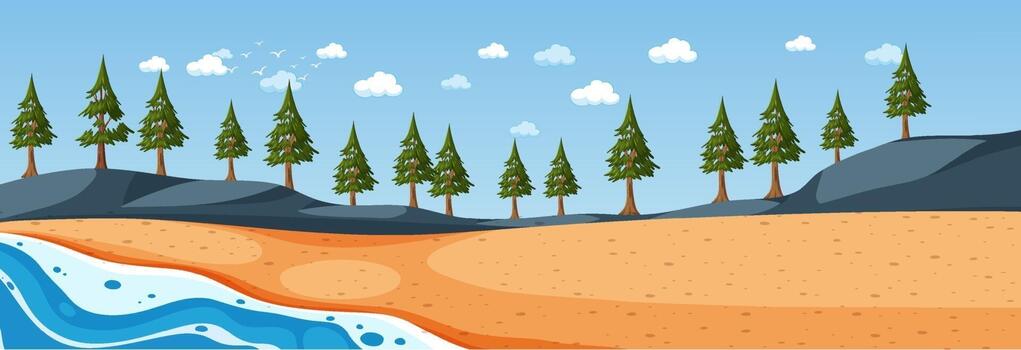 Beach horizontal scene at day time with many pine trees vector