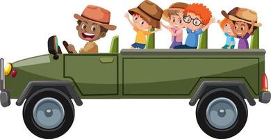 Zoo concept with children on tourist car isolated on white background vector