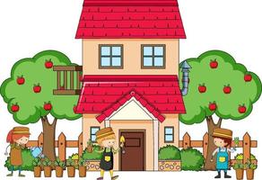 Front view of a house with many kids on white background vector