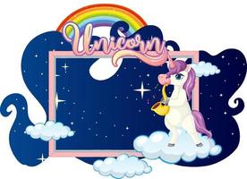 Banner vacío con lindo personaje de dibujos animados de unicornio sobre fondo blanco. vector