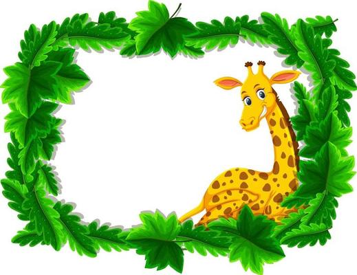 Empty banner with tropical leaves frame and giraffe cartoon character