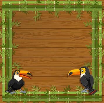 Empty banner with bamboo frame and toucan cartoon character vector