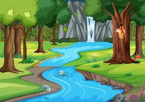 Jungle scene with many trees and waterfall vector