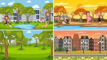 Four different scenes with children cartoon character vector