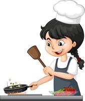 personaje de niña linda con gorro de chef cocinando comida vector