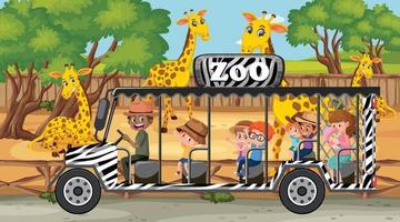 Safari scene with many giraffes and kids on tourist car vector