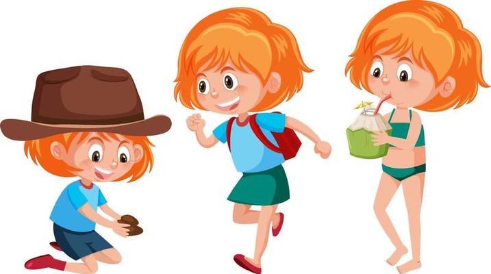 Cartoon character of a girl doing different activities