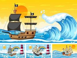 Set of Ocean with Pirate ship at different times scenes  in cartoon style vector