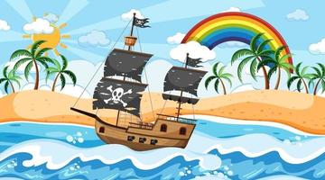 Ocean with Pirate ship at day time scene in cartoon style vector