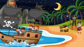 escena de la isla del tesoro en la noche con niños piratas en el barco vector