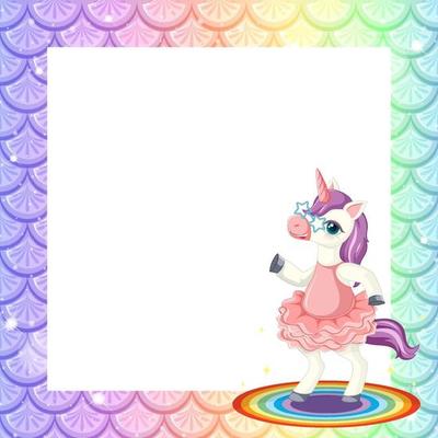 Blank pastel rainbow fish scales frame template with cute unicorn cartoon character