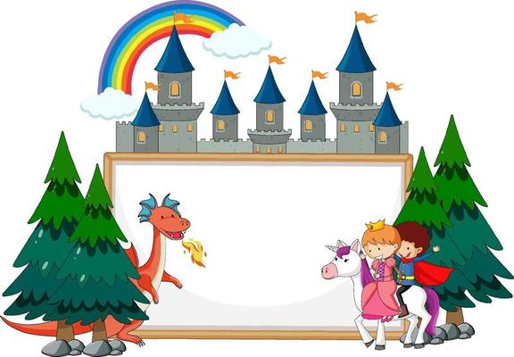 Empty banner with fairy tale cartoon character and elements isolated