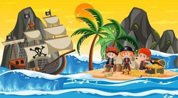 escena de la isla del tesoro al atardecer con niños piratas vector