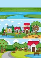 Set of different horizon scenes background with doodle kids cartoon character vector