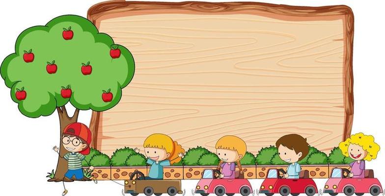 Empty wooden board with many kids doodle cartoon character