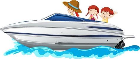 Children standing on a speed boat on white background vector