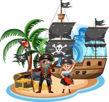 Barco pirata en la isla con muchos niños aislado sobre fondo blanco. vector