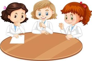 Three scientist girls cartoon character with blank table vector