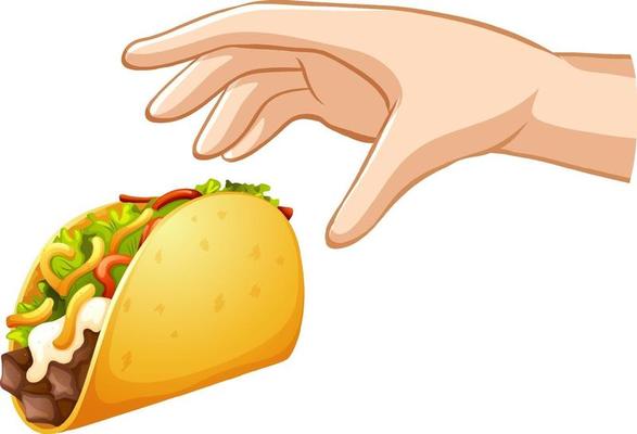 Hand trying to grab taco on white background