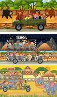 Set of different safari horizontal scenes with animals and kids cartoon character vector