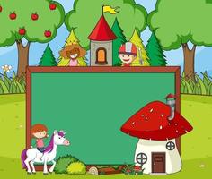 Empty chalkboard banner in the forest scene with fairy tale cartoon character and elements vector