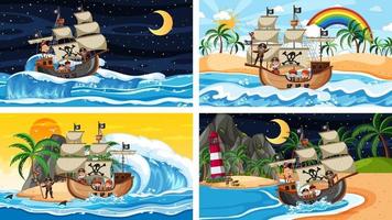 Set of different beach scenes with pirate ship vector