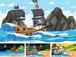 Set of ocean scenes at different times with Pirate ship in cartoon style vector