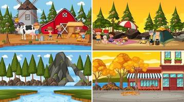 Set of different nature scenes background in cartoon style vector