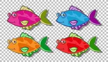 Set of many funny fishes cartoon character isolated on transparent background vector