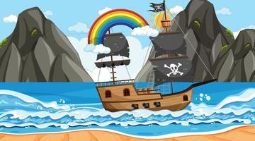 Ocean with Pirate ship at day time scene in cartoon style vector