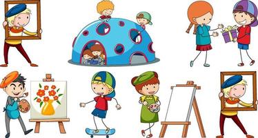 Set of different doodle kids cartoon character vector