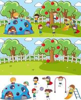 Playground scene set with many kids doodle cartoon character isolated vector