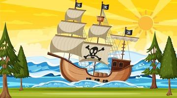 Ocean with Pirate ship at sunset time scene in cartoon style vector