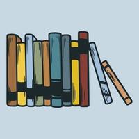 Books standing on the shelf hand drawn design element. World Book Day. Pile of various popular colorful books. Educational vector illustrations isolated in vintage engraving sketch