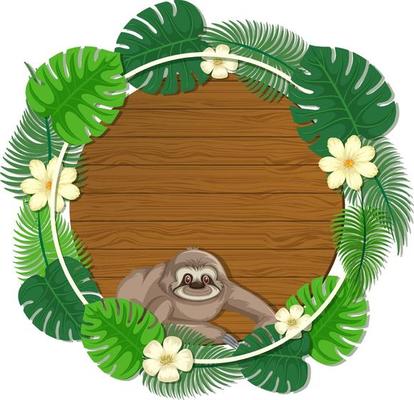 Round green monstera leaves banner template with a sloth cartoon character